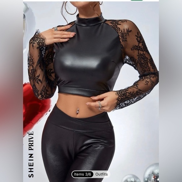 SHEIN  Privé Contrast Lace PU Crop Top - Picture 2 of 8